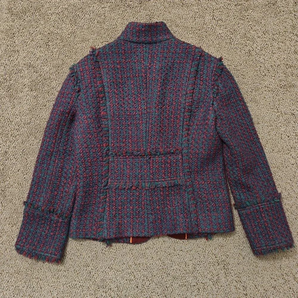 Tory Burch Burgundy Teal Tweed Frayed Trim Military Jacket Size‎ 4 Logo Buttons